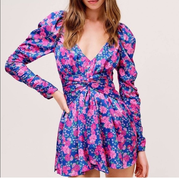 For Love & Lemons Annie Mini Dress Cobalt Floral Size Large